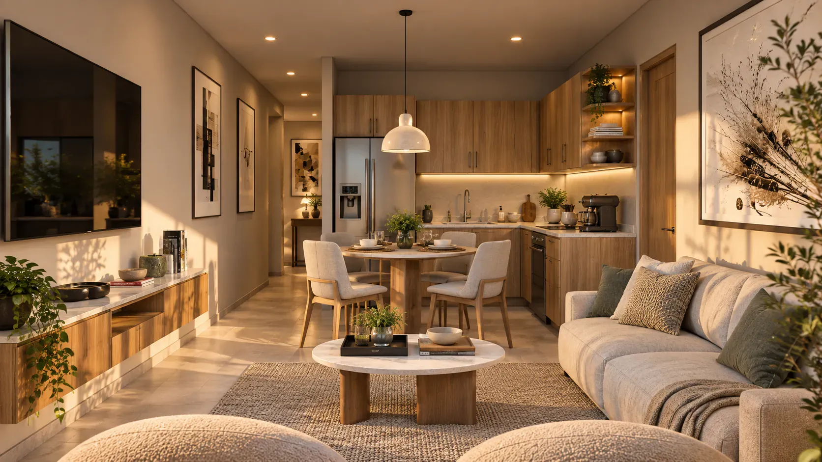 Sala, comedor y cocina de un departamento de Atria