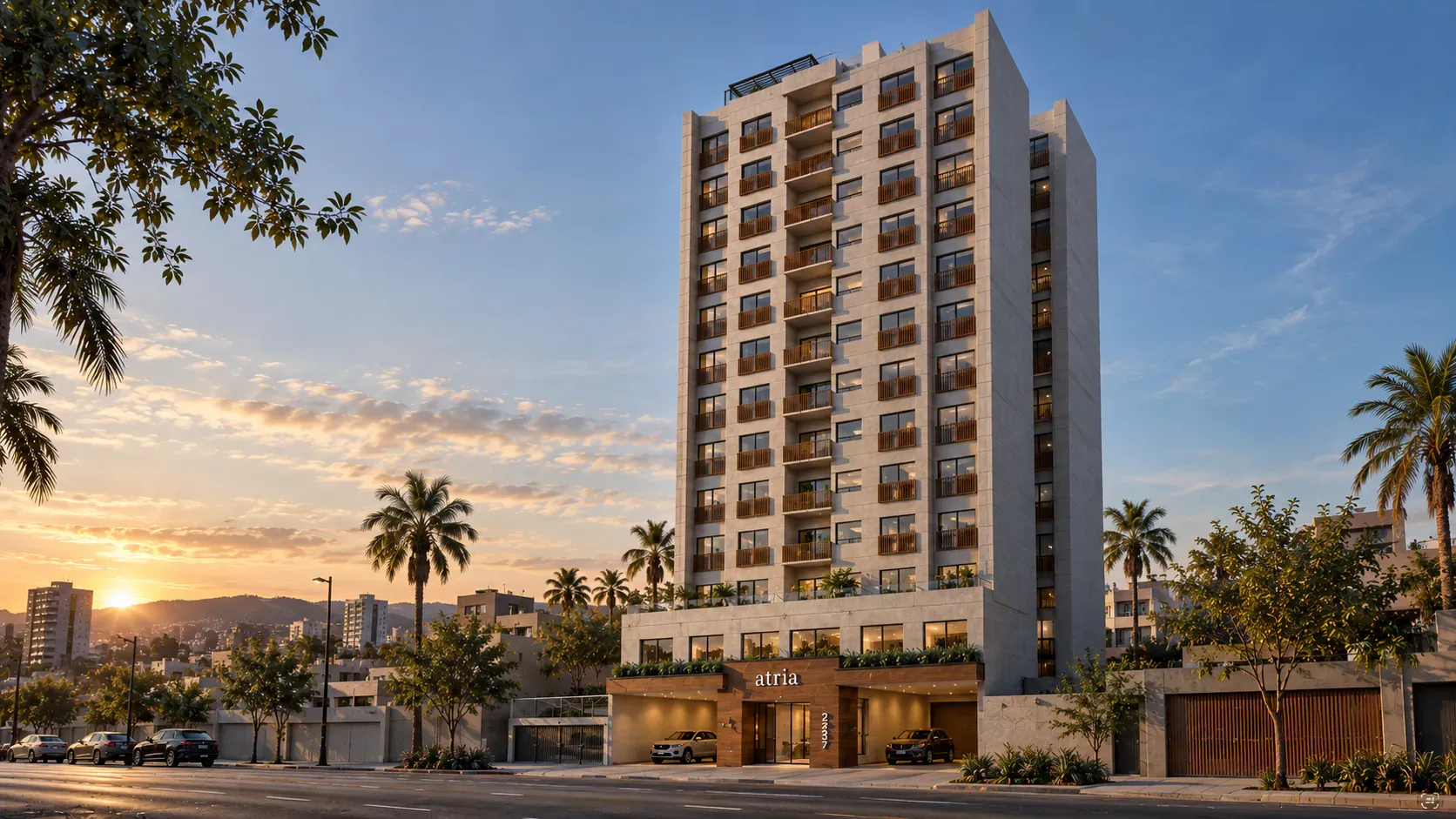 Torre residencial Atria Tijuana en Zona Centro al atardecer, con palmeras