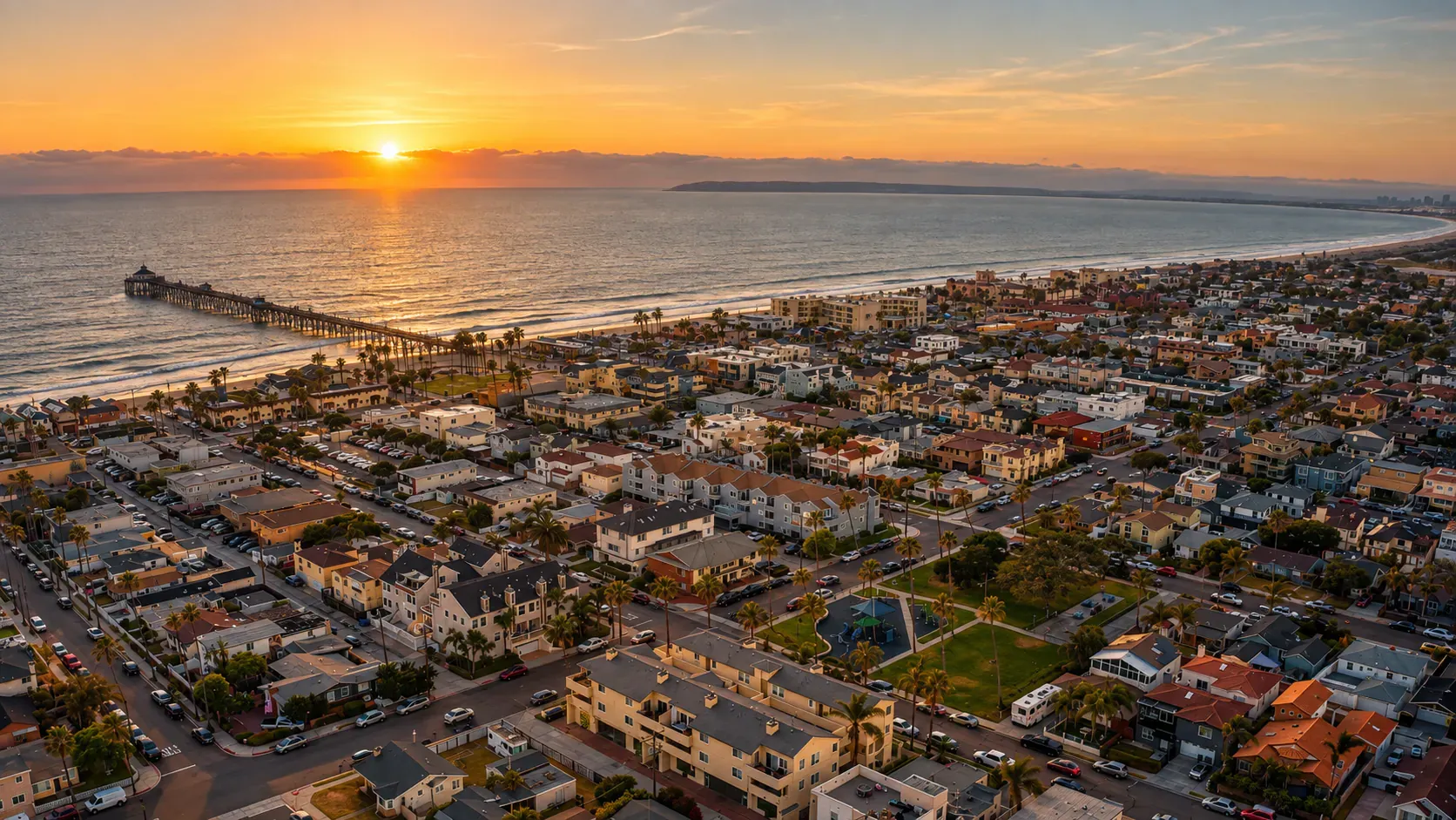Costa del Pacífico al atardecer con muelle