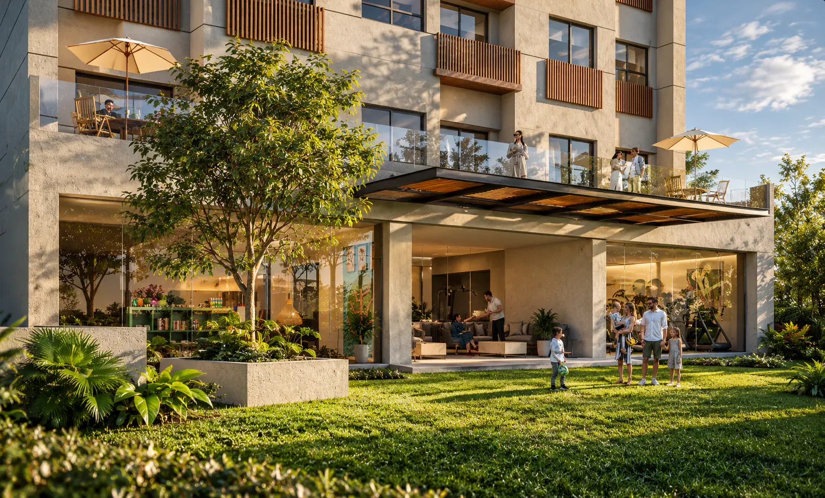 Jardín y terrazas de Atria con familias disfrutando