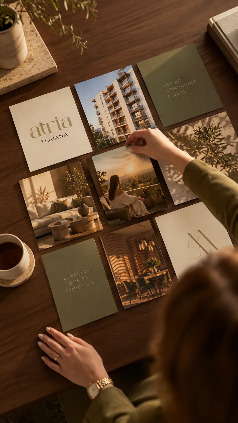 Presentación de materiales y renders de Atria sobre una mesa de trabajo